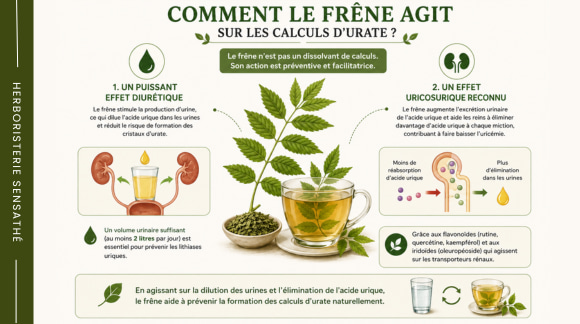 Infographie expliquant comment le frêne favorise l'élimination de l'acide urique et aide à prévenir la formation des calculs d'urate - Herboristerie Sensathé Infographie expliquant comment le frêne favorise l'élimination de l'acide urique et aide à prévenir la formation des calculs d'urate - Herboristerie Sensathé
